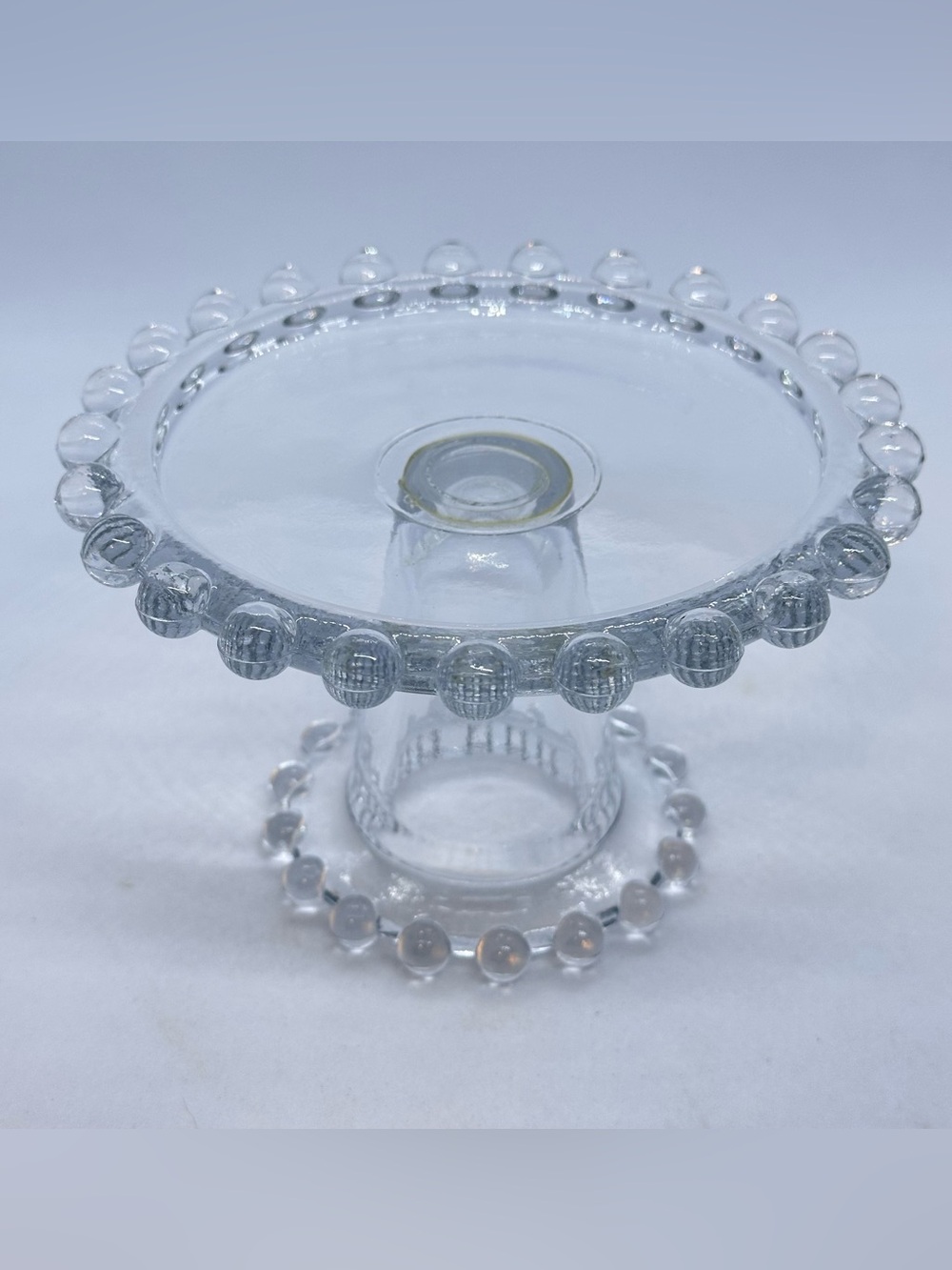 Small Clear Glass Beaded Footed Candle Holder Dessert Stand 3 7/8" Tall x 5 7/8D
